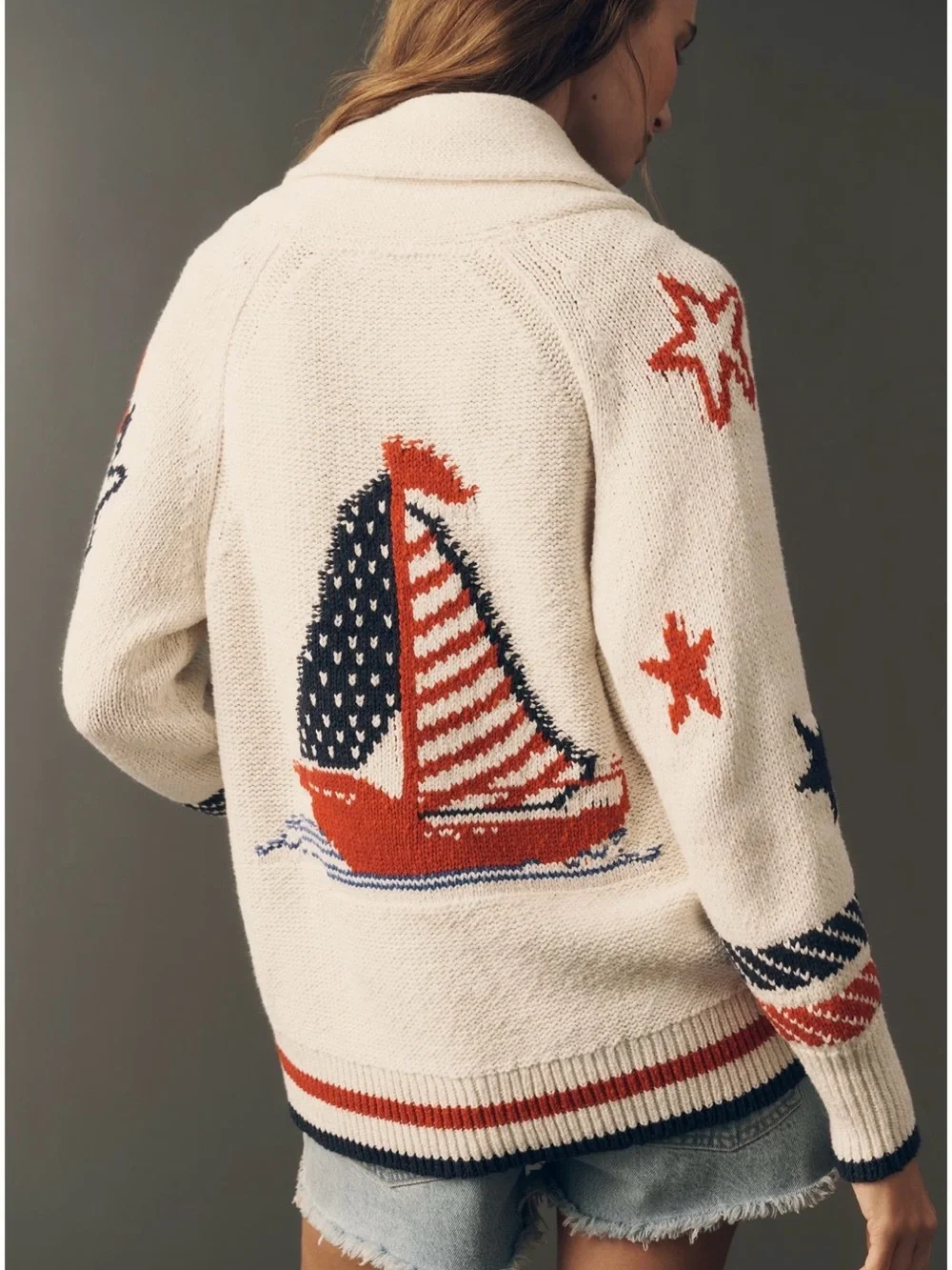 NWT Anthropologie Cream Nautical Sailboat Red & Blue Stars Cozy Cardigan SZ XS - Picture 1 of 16